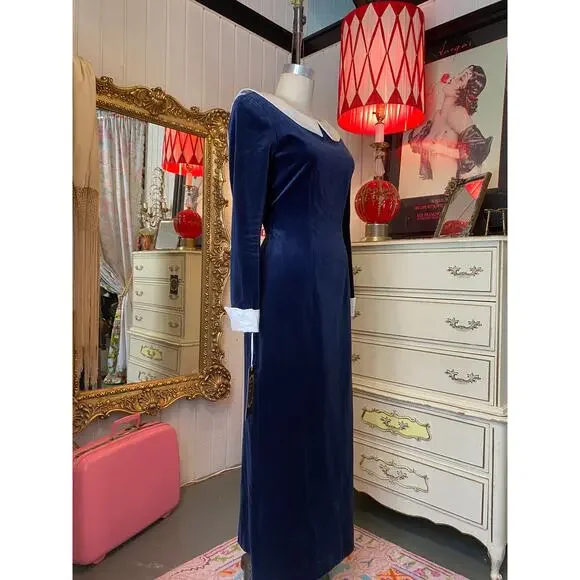 vintage 1980s blue velveteen gown reverse collar french cuffs 80s fashion velvet - Picture 6 of 10